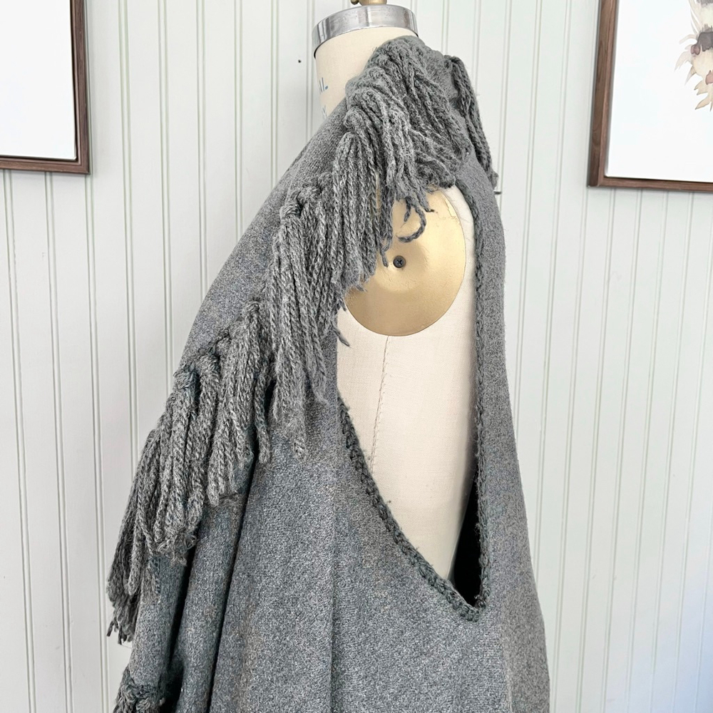 Fringed Cape Double Layered Grey Cardigan Vest Cape Long Length View 4